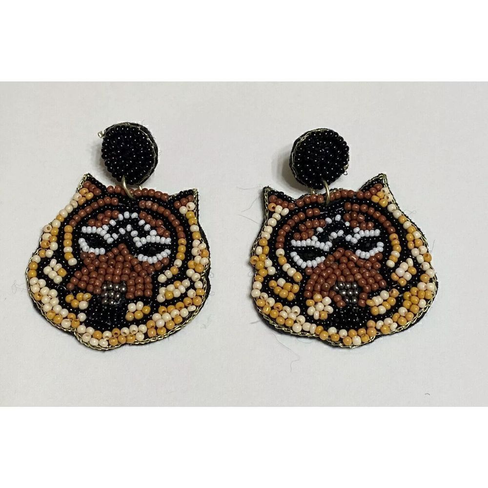 Bengal Tiger Cat Seed Bead Earrings Post Dangle Statement Designer 2” - Picture 2 of 5